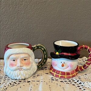 2 VTG looking coffee mugs, Santa and Snowman, glazed pottery, 18oz.